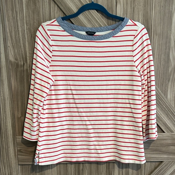 Nautica Women's Striped Long Sleeve Tee - Red and White - Picture 1 of 4